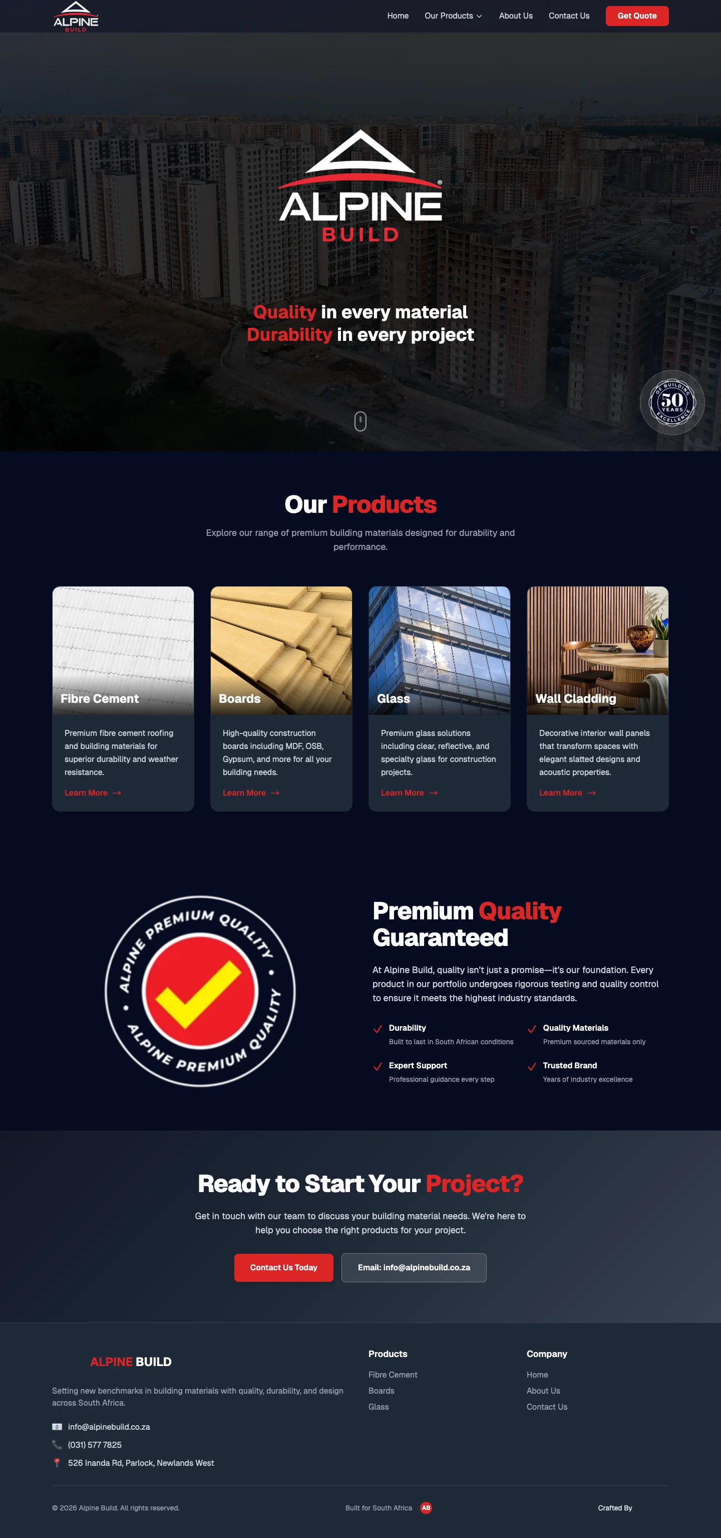 Screenshot of Alpine Build - A supplier website for premium building materials including fibre cement, glass, and wall cladding in Durban