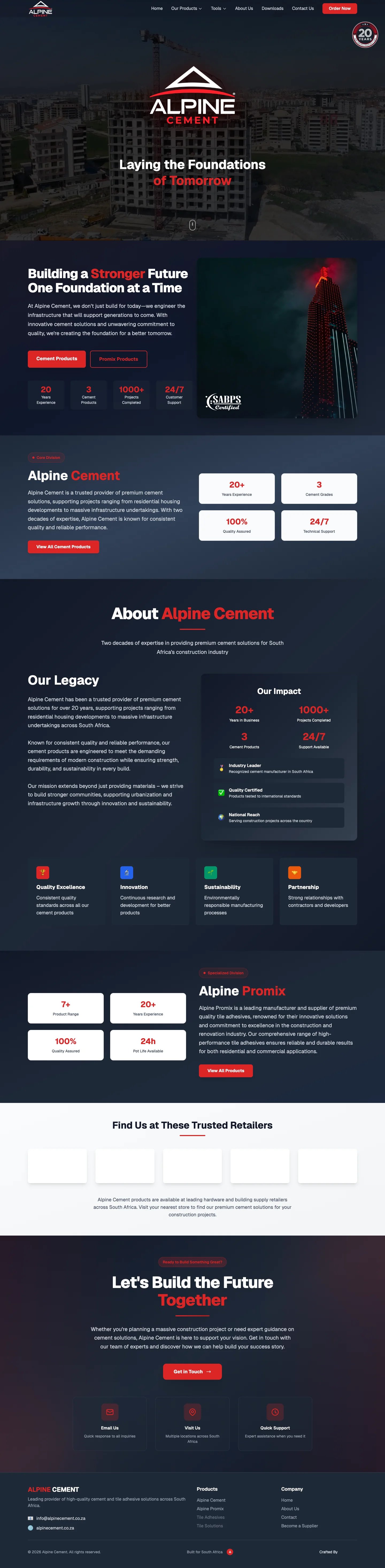 Screenshot of Alpine Cement - A corporate website for a premium South African cement manufacturer and supplier operating since 2004
