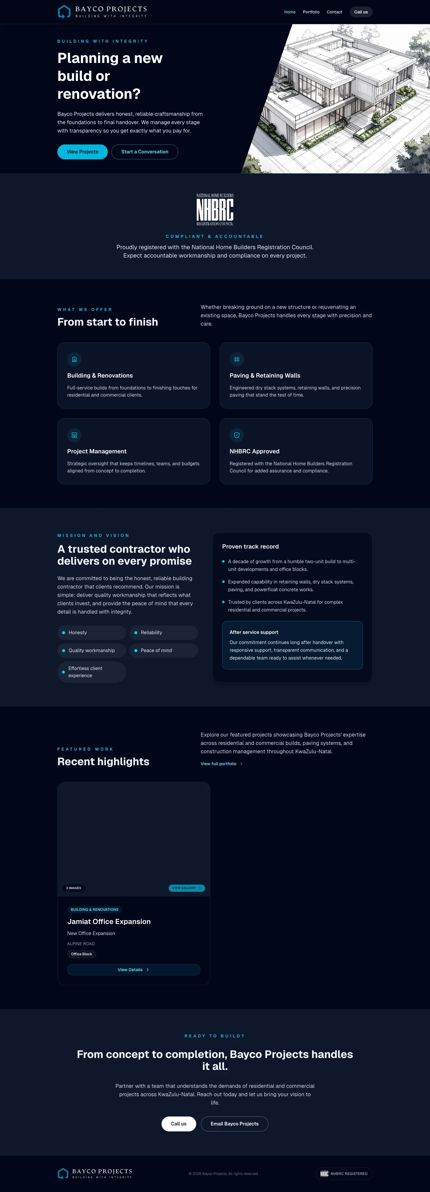 Screenshot of Bayco Projects - A construction company website for an NHBRC-registered contractor specializing in building and renovation in KZN