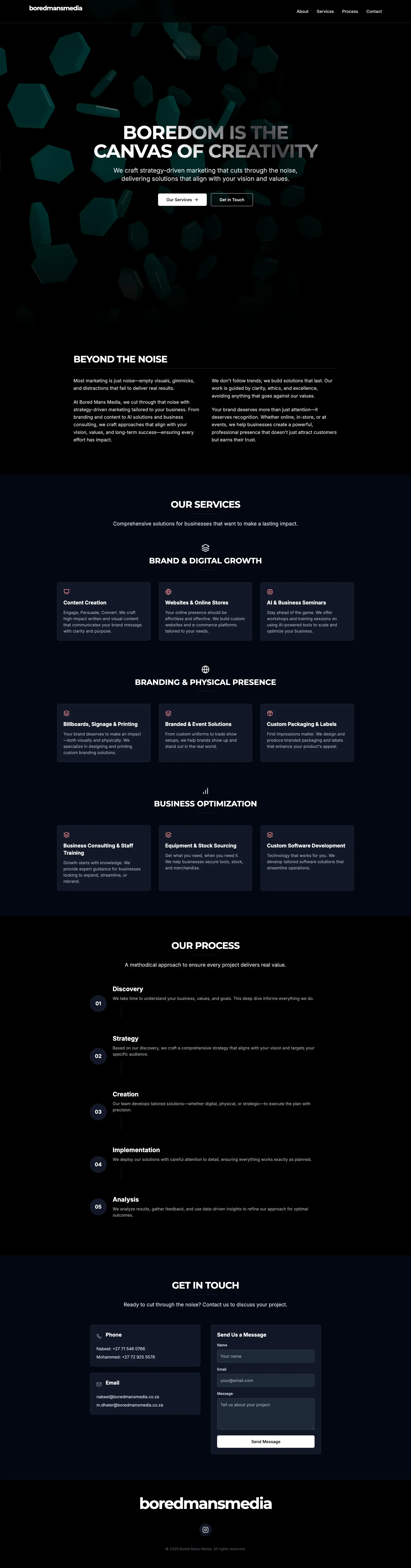 Screenshot of Bored Mans Media - A creative website for a startup digital media and content production company