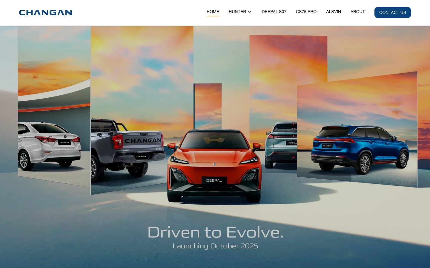 Screenshot of Changan Durban - The official dealership website for Changan vehicles in South Africa, featuring sedans, SUVs, and EVs