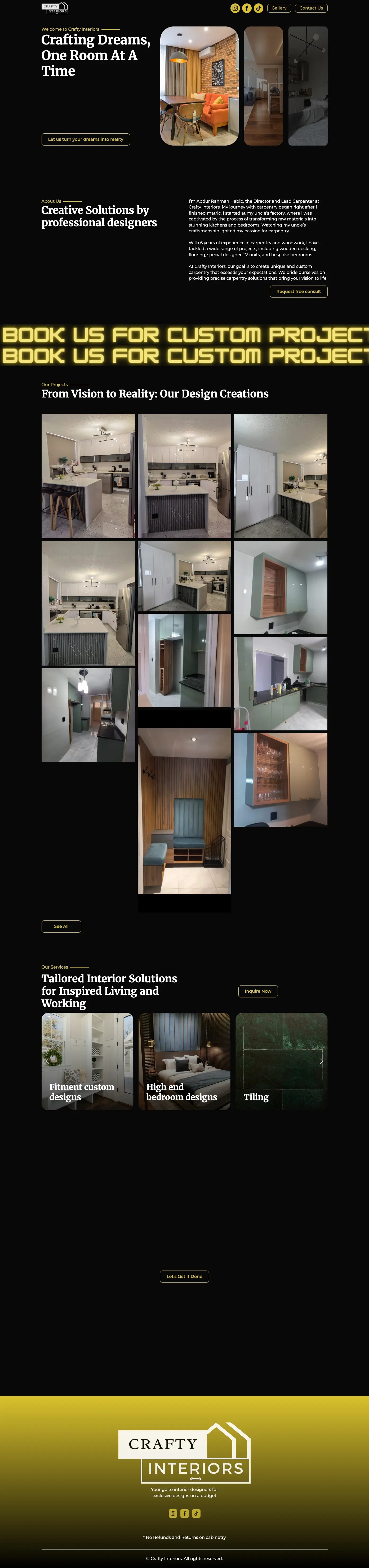 Screenshot of Crafty Interiors - A portfolio website for a custom carpentry and interior design business, showcasing woodworking projects