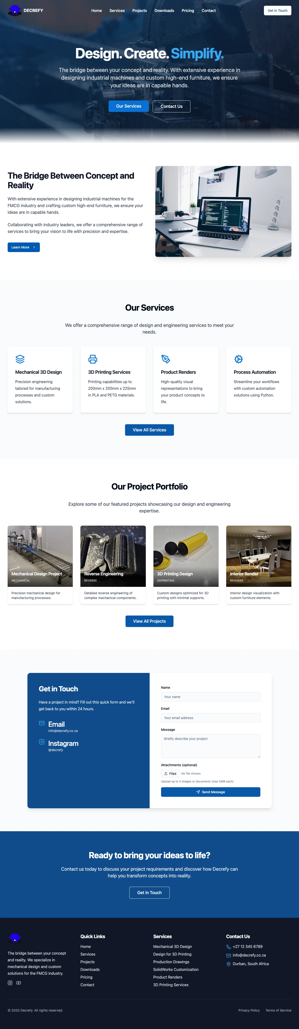 Screenshot of Decrefy - A portfolio and service website for a freelance Mechanical Engineer, showcasing engineering projects and expertise