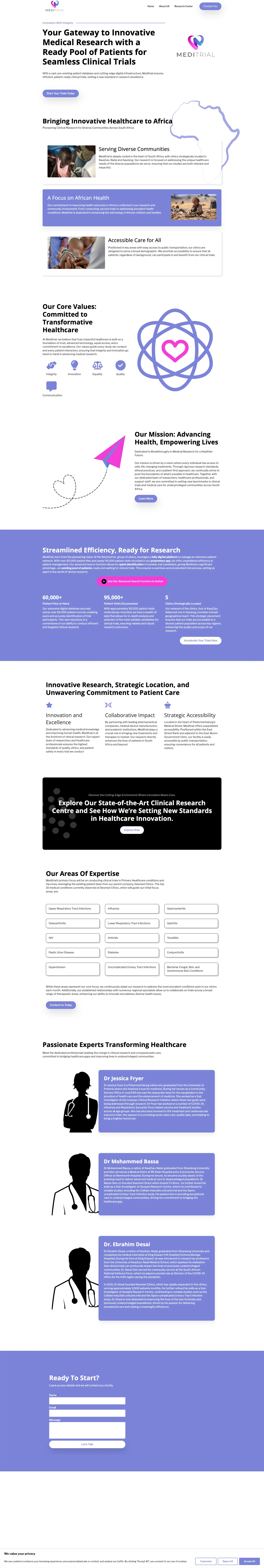 Screenshot of Meditrial - A professional website for a state-of-the-art clinical trial research center in Durban