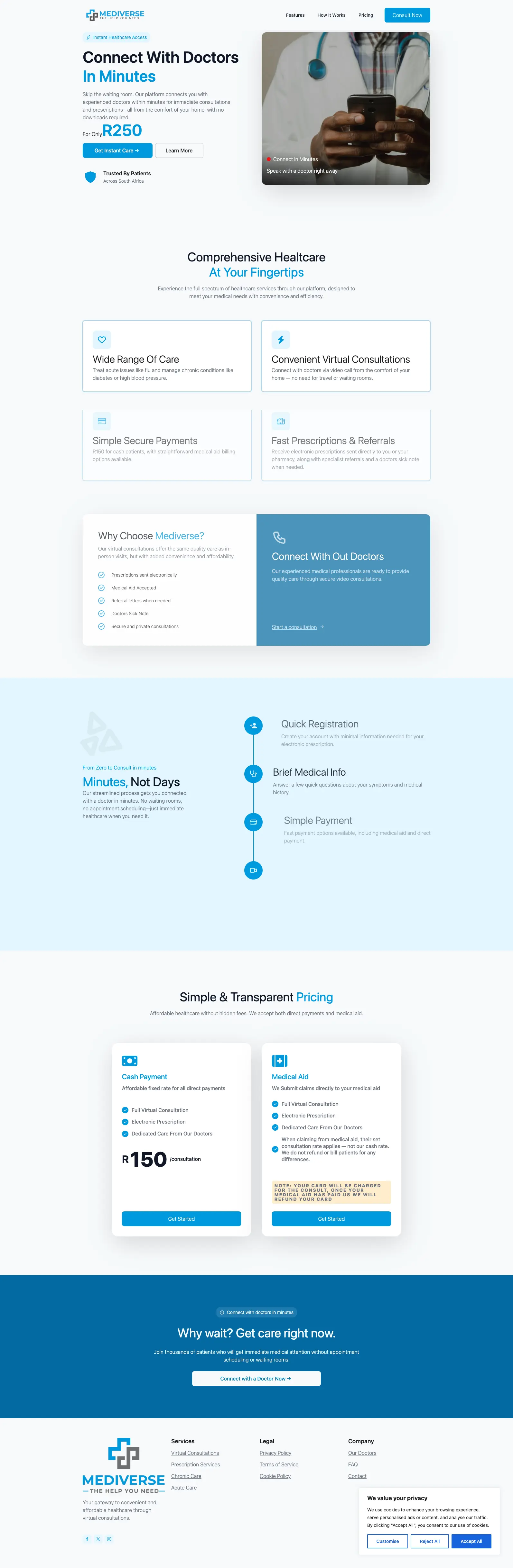 Screenshot of Mediverse - A telemedicine platform with online virtual consultation booking for doctors and patients across South Africa