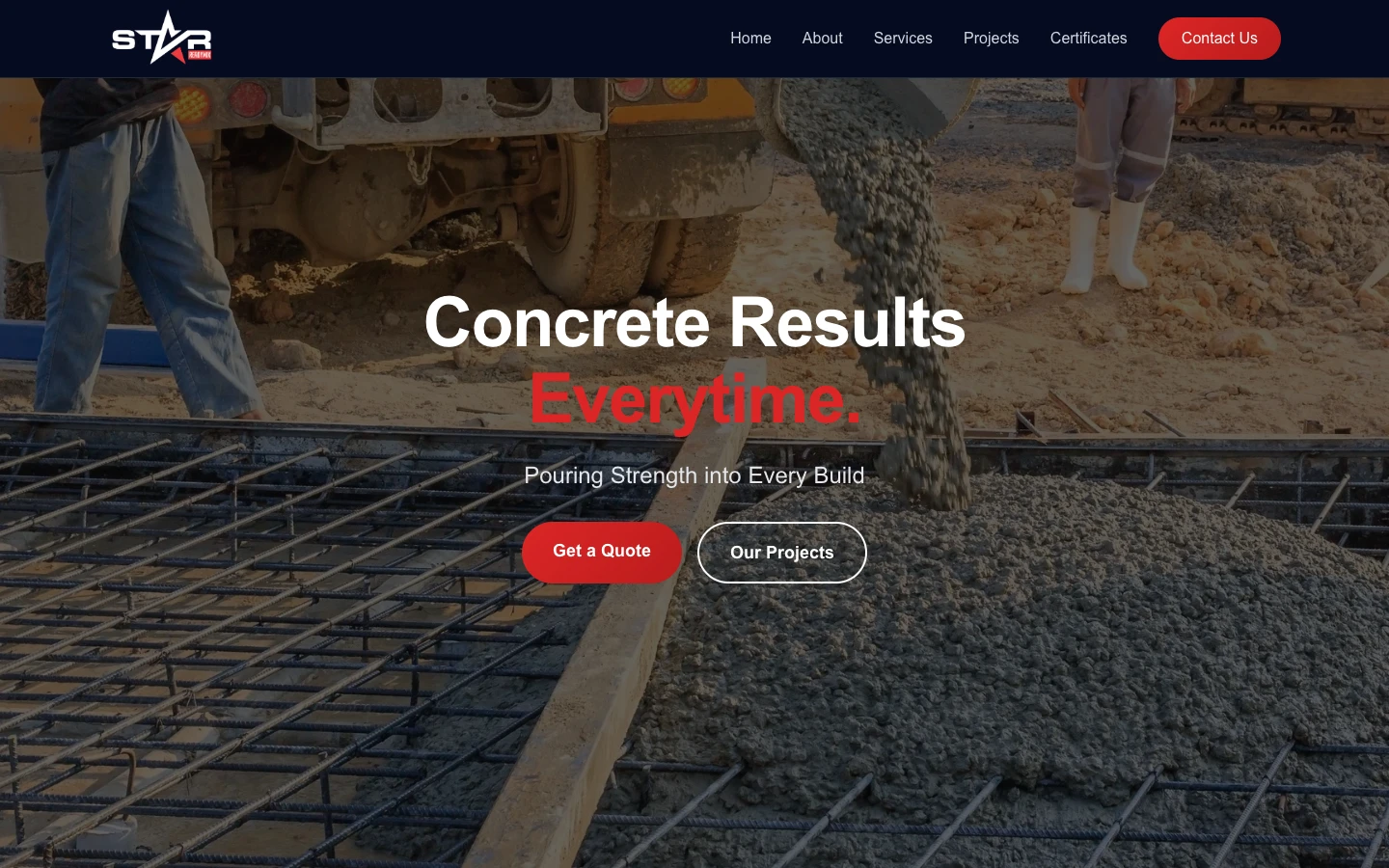 Screenshot of Star Readymix - A supplier website for a high-quality readymix concrete company operating in Durban, KwaZulu-Natal