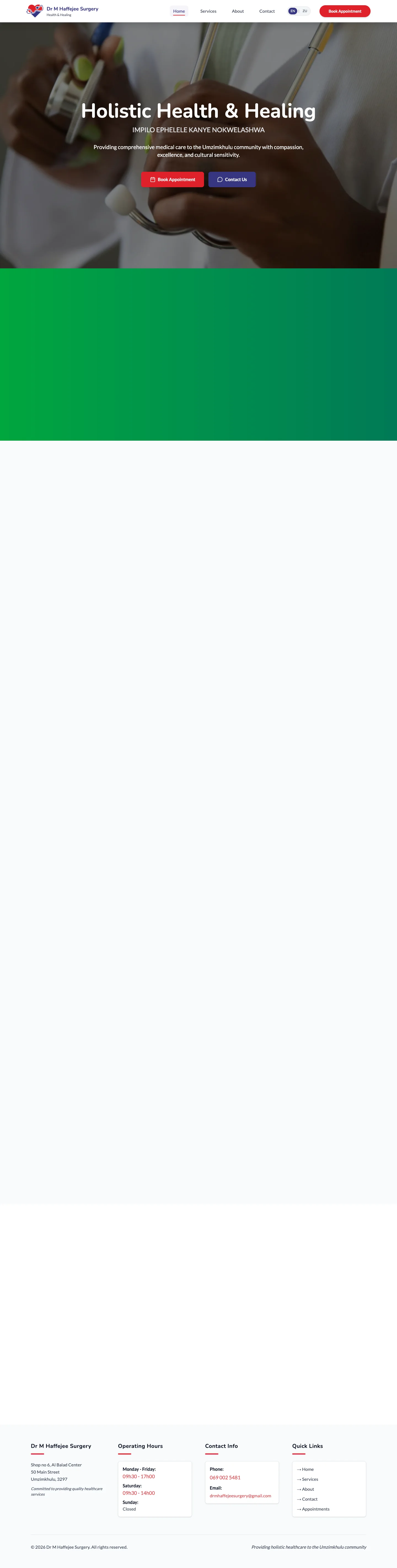 Screenshot of Dr Haffejee Surgery - A medical practice website for a family doctor in Umzimkhulu, KZN offering bilingual English and Zulu care