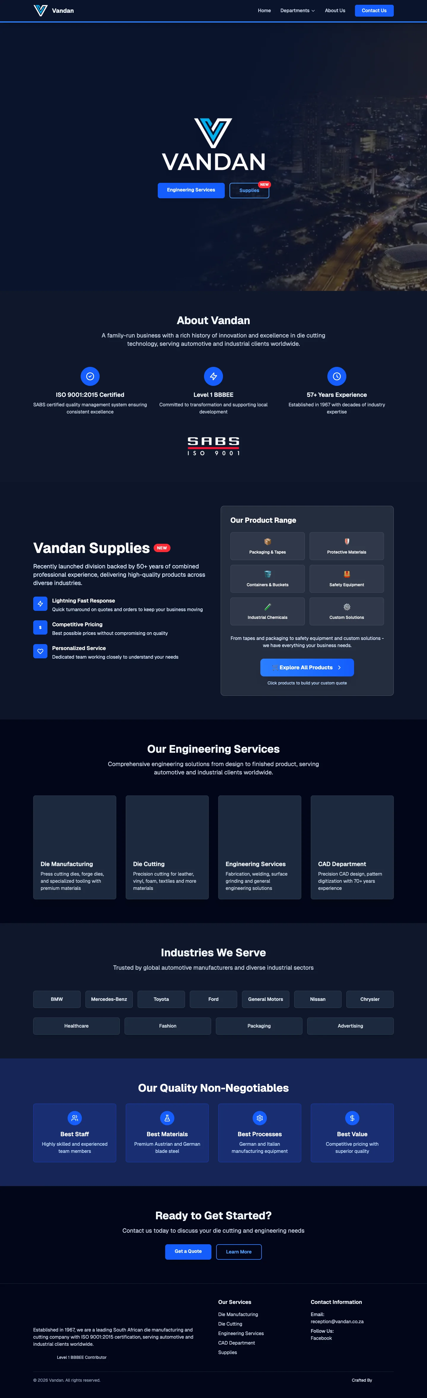 Screenshot of Vandan Engineering - A corporate website for an ISO-certified die manufacturing and cutting company in Pinetown since 1967