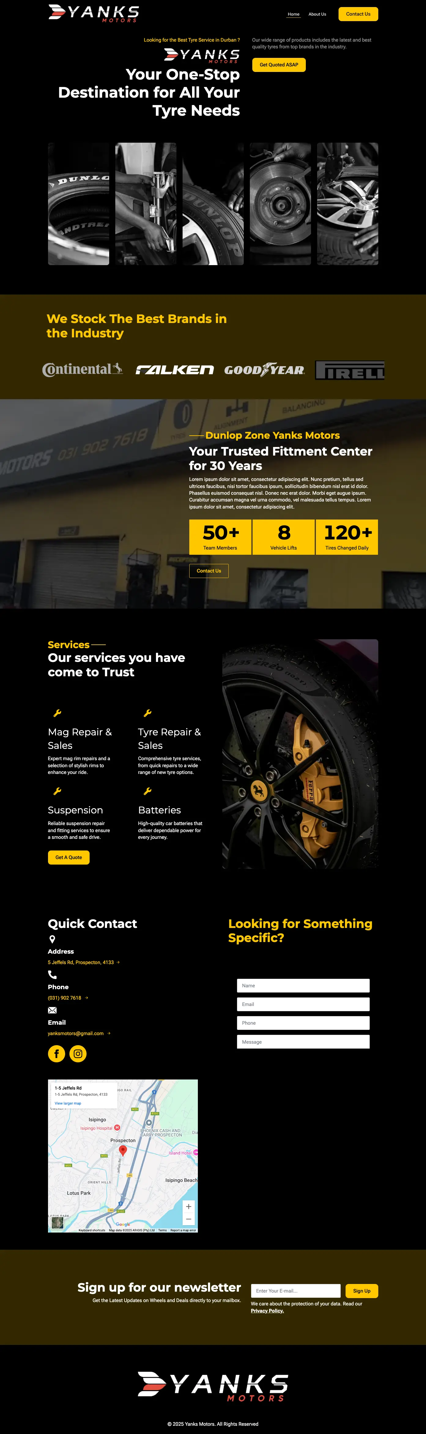 Screenshot of Yanks Isipingo - A business website for an automotive tyre shop and fitment centre in Isipingo, Durban
