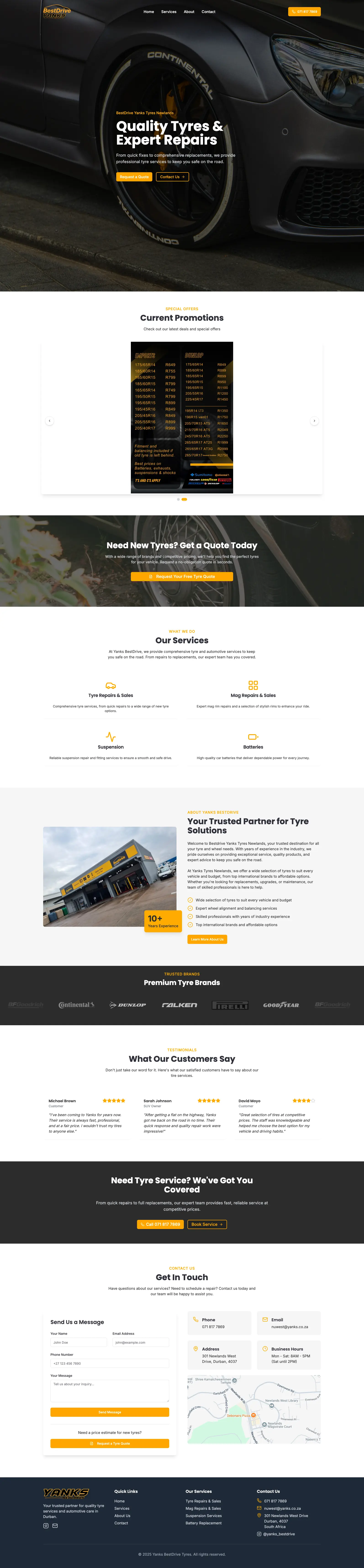 Screenshot of Yanks Newlands - A business website for an automotive tyre and fitment centre in Newlands, Durban