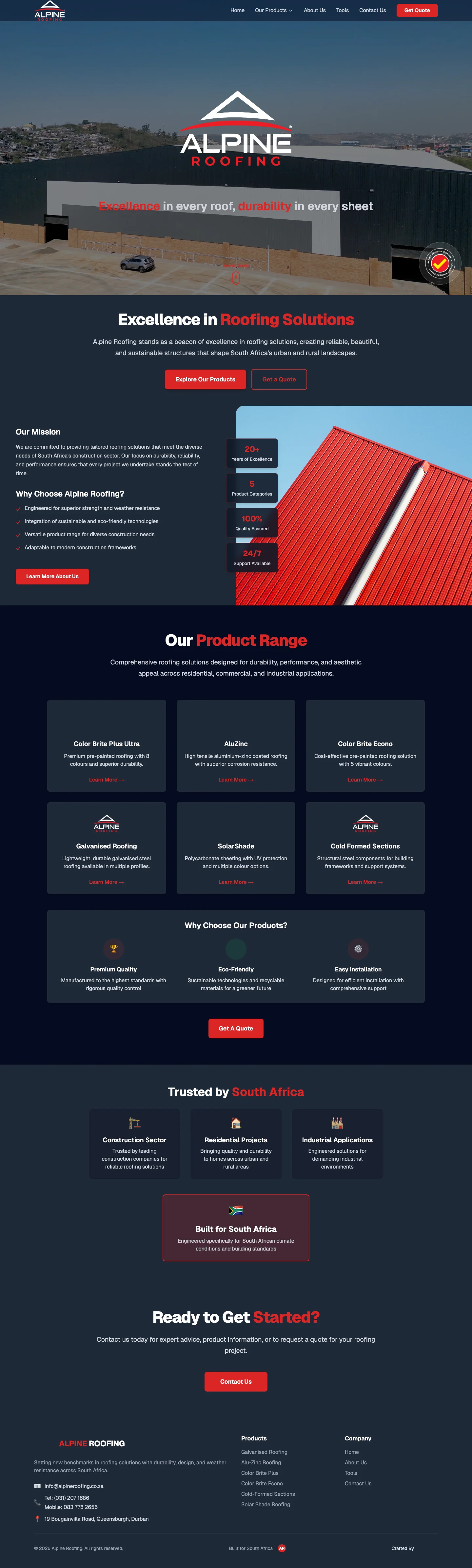 Screenshot of Alpine Roofing - A business website for a premium roofing solutions provider in Queensburgh, KwaZulu-Natal