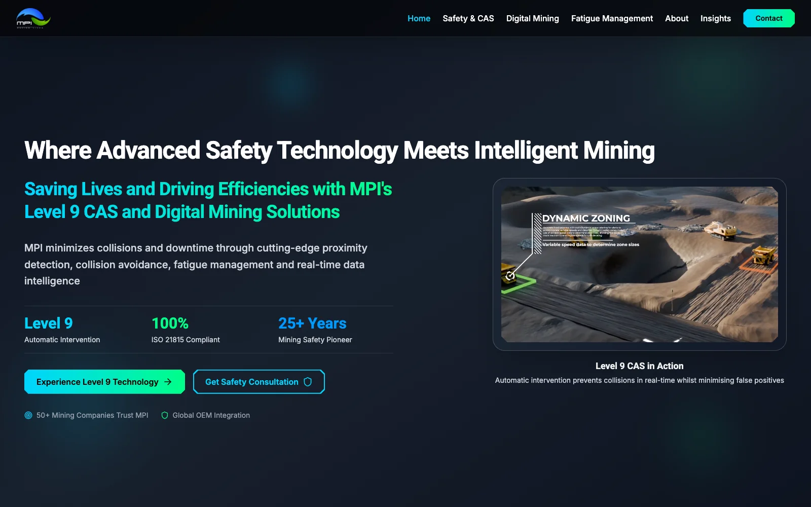 Screenshot of MPI Mining - A global mining-safety technology site for MPI's Level 9 collision avoidance systems and digital mining solutions