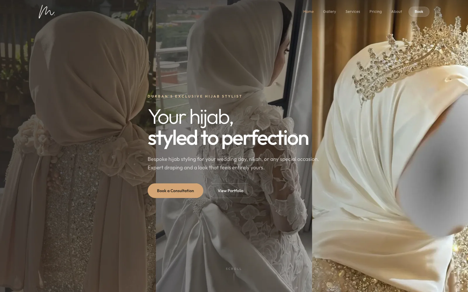 Screenshot of Mstyled - A portfolio and booking site for Durban's exclusive bridal and event hijab stylist
