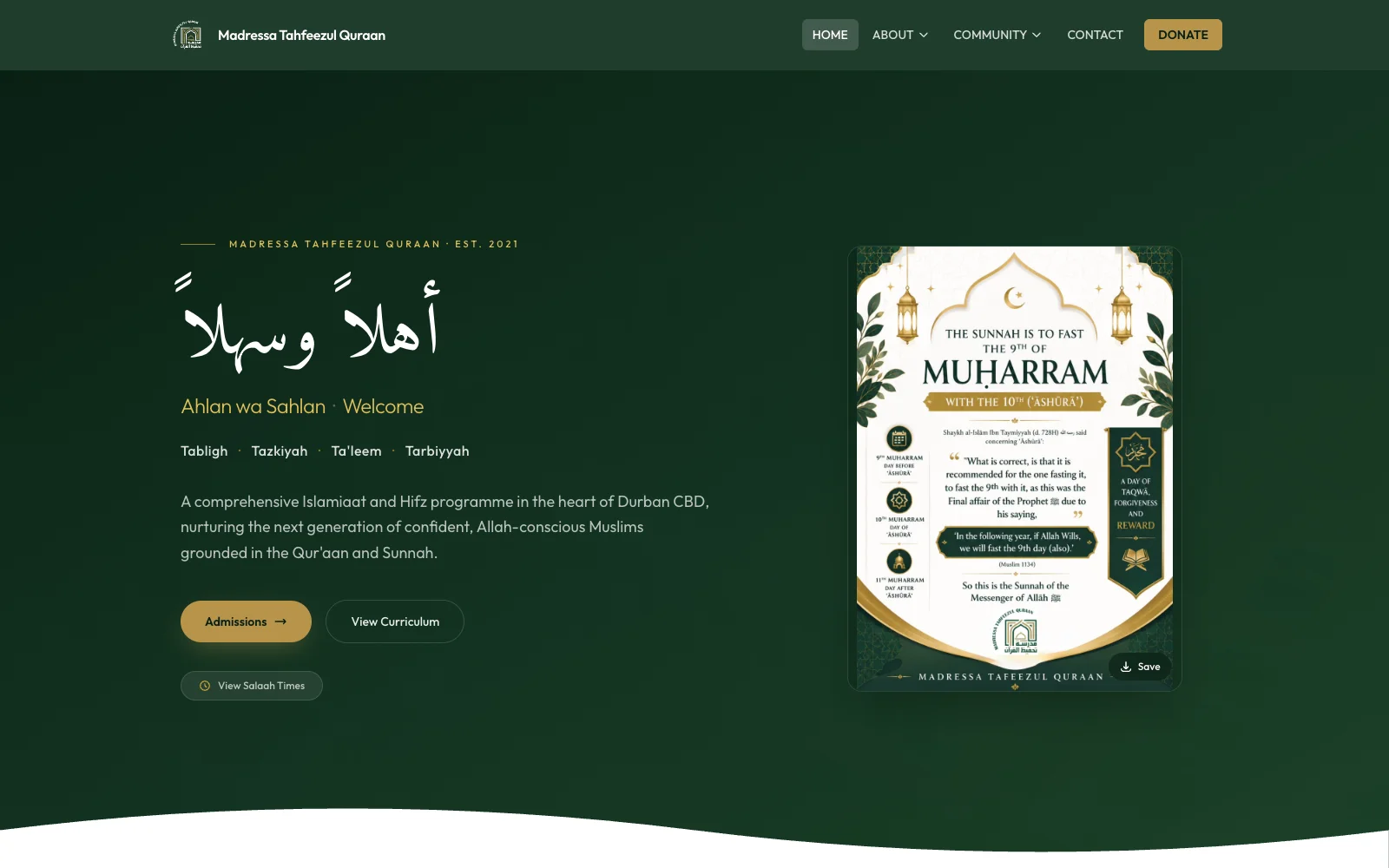 Screenshot of Tahfeezul Quraan - A website for a Durban CBD madressa offering a comprehensive Islamiaat and Hifz programme, with admissions and salaah times