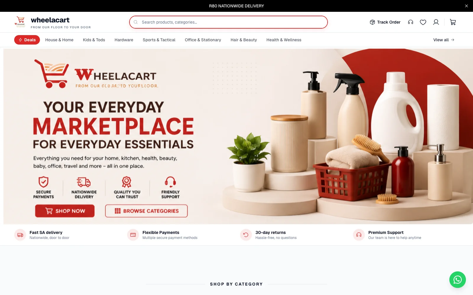Screenshot of Wheelacart - An everyday-essentials marketplace spanning home, kitchen, health, and office, running on our custom ecommerce platform