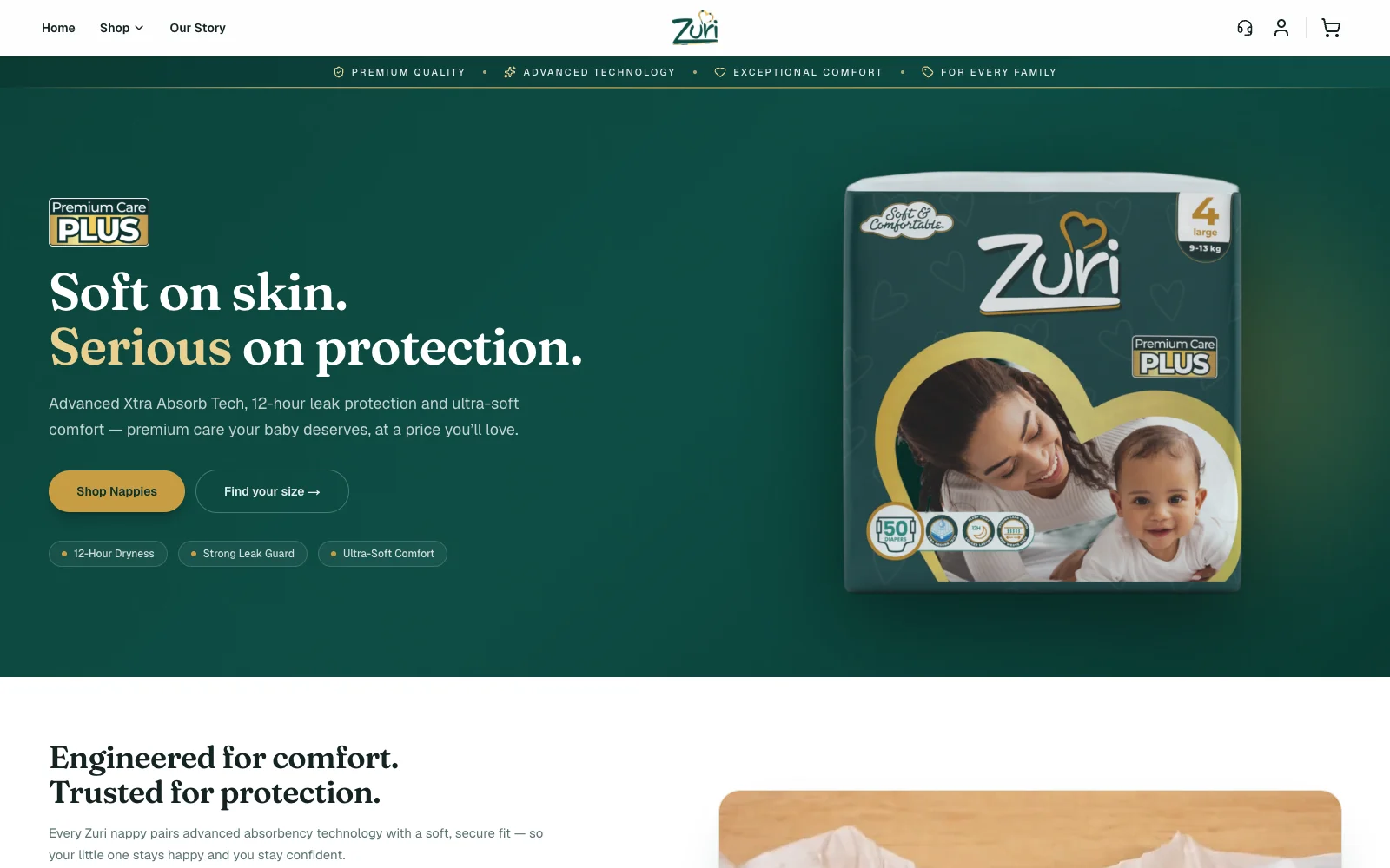 Screenshot of Zuri Baby - A brand and ecommerce store for Zuri premium baby nappies, running on our custom ecommerce platform